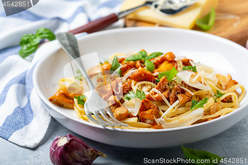 Image of Linguine with fried wild chanterelles.