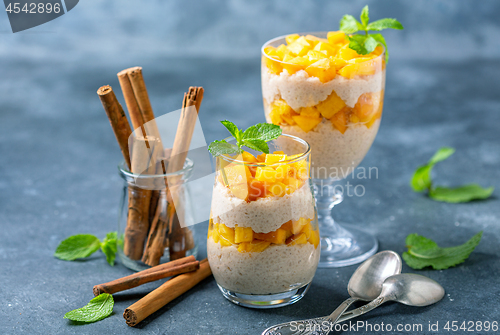 Image of Rice pudding with peach slices for breakfast.