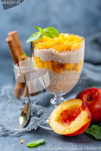 Image of Rice pudding with peach slices and spices.