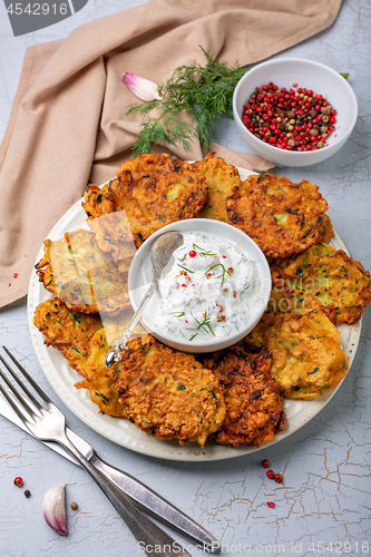 Image of Zucchini pancakes with yogurt and greens sauce.