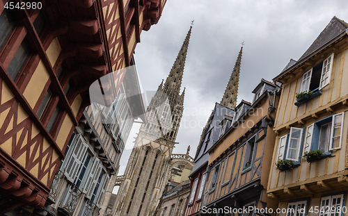 Image of Street in Quimper with a view of the Cathedral of Saint Corentin