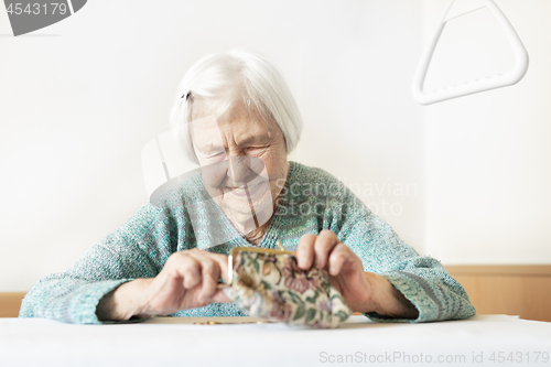 Image of Cheerful elderly 96 years old woman sitting at table at home happy with her pension savings in her wallet after paying bills.