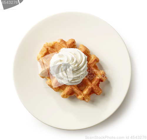 Image of freshly baked belgian waffle on white plate