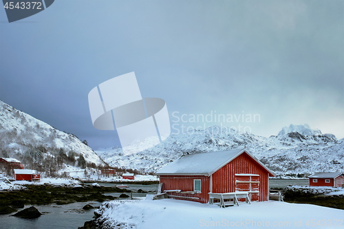 Image of Red rorbu house in winter, Lofoten islands, Norway