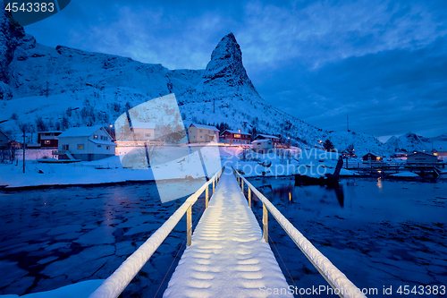 Image of Reine village at night. Lofoten islands, Norway