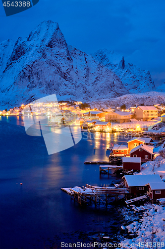 Image of Reine village at night. Lofoten islands, Norway