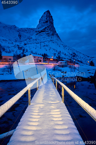 Image of Reine village at night. Lofoten islands, Norway