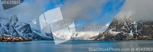 Image of Norwegian fjord and mountains in winter. Lofoten islands, Norway