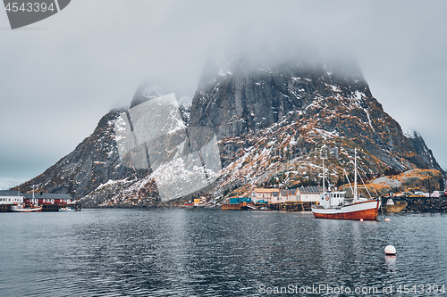 Image of Ship in Hamnoy fishing village on Lofoten Islands, Norway 