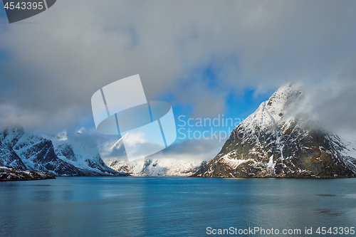 Image of Norwegian fjord and mountains in winter. Lofoten islands, Norway