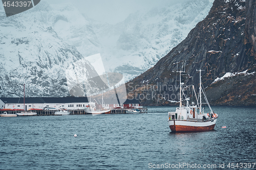 Image of Ship in Hamnoy fishing village on Lofoten Islands, Norway 