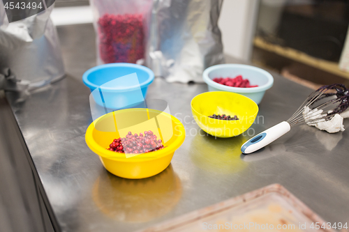 Image of berries in bowls at confectionery shop kitchen
