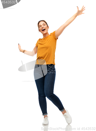 Image of happy young woman or teenage girl having fun