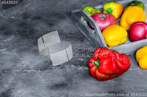 Image of Imperfect natural peppers and tomatoes on an old wooden tray on a dark background. Copy Space.