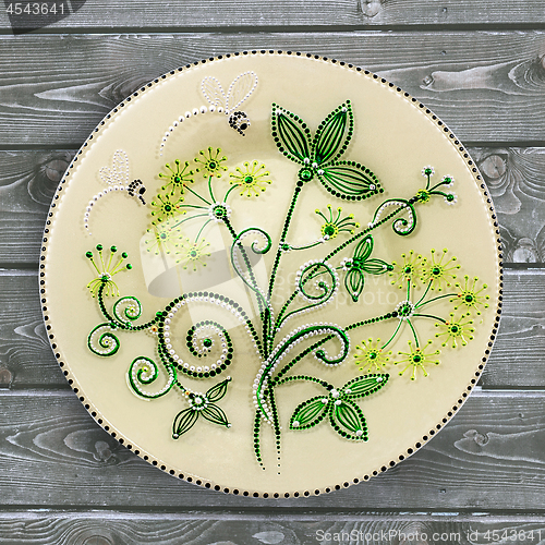 Image of Decorative ceramic plate, hand painted dot pattern with acrylic 
