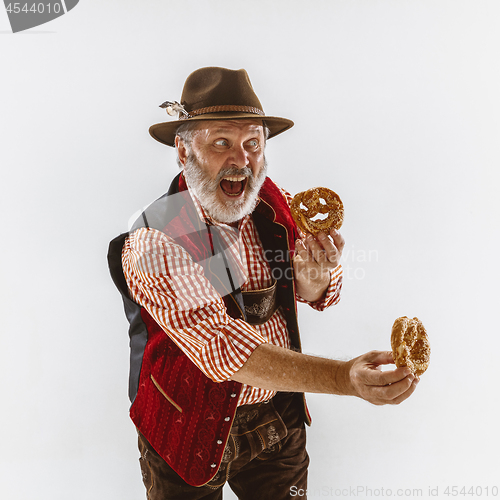 Image of Portrait of Oktoberfest man, wearing the traditional Bavarian clothes