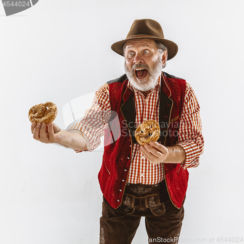 Image of Portrait of Oktoberfest man, wearing the traditional Bavarian clothes