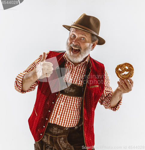 Image of Portrait of Oktoberfest man, wearing the traditional Bavarian clothes