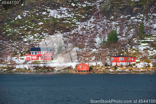 Image of Rd rorbu houses in Norway in winter