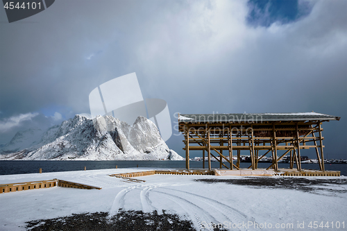 Image of Drying flakes for stockfish cod fish in winter. Lofoten islands,