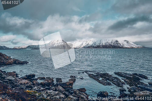 Image of Norwegian fjord and mountains in winter. Lofoten islands, Norway