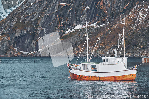 Image of Ship in Hamnoy fishing village on Lofoten Islands, Norway 