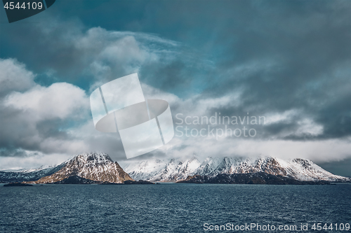 Image of Norwegian fjord and mountains in winter. Lofoten islands, Norway