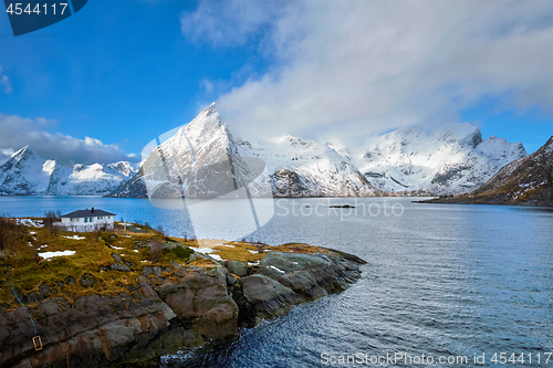 Image of Norwegian fjord and mountains in winter. Lofoten islands, Norway