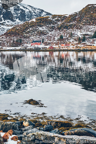 Image of Rd rorbu houses in Norway in winter