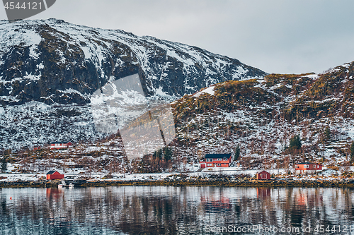 Image of Rd rorbu houses in Norway in winter