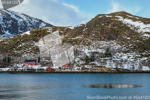 Image of Rd rorbu houses in Norway in winter