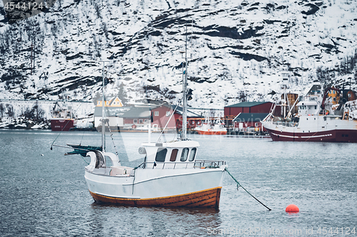 Image of Ship in Hamnoy fishing village on Lofoten Islands, Norway 