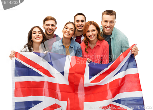 Image of group of smiling friends with british flag