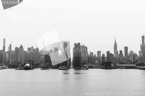 Image of New York City midtown Manhattan skyline panorama view from Boulevard East Old Glory Park over Hudson River.