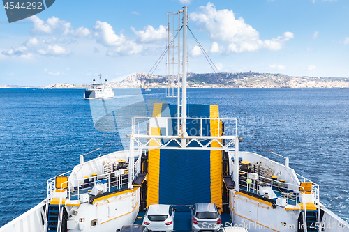 Image of Ferry boat ship sailing between Palau and La Maddalena town, Sardinia, Italy.