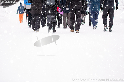 Image of group of young people walking through beautiful winter landscape