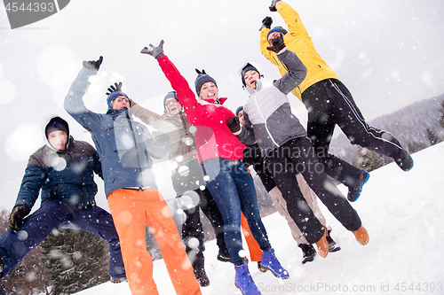 Image of portrait of group young people in beautiful winter landscape