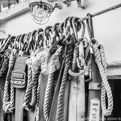 Image of Safety belts on a sailboat, close-up. Black and white photo