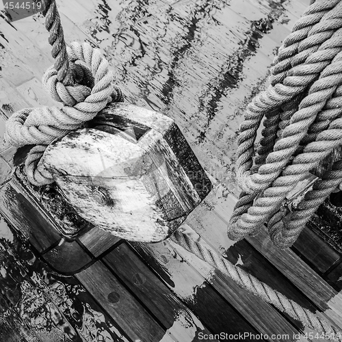 Image of Ancient sailing vessel, the block, close up