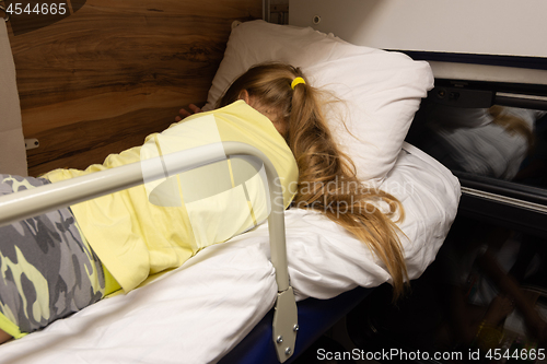 Image of Girl sleeping on the top shelf of a reserved seat car