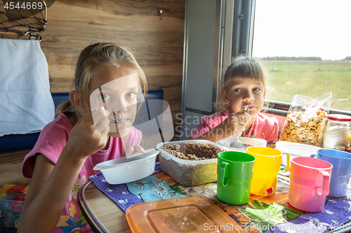 Image of Two girls eat on the train