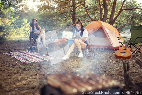 Image of Party, camping of men and women group at forest. They relaxing, singing a song and cooking barbecue