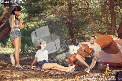 Image of Party, camping of men and women group at forest. They relaxing, singing a song