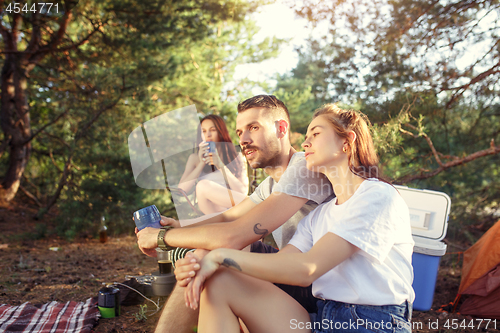 Image of Party, camping of men and women group at forest. They relaxing