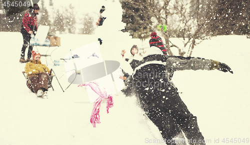 Image of group of young people having fun in beautiful winter landscape