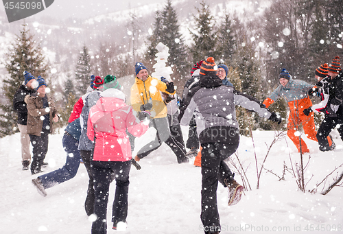 Image of group of young people having fun in beautiful winter landscape