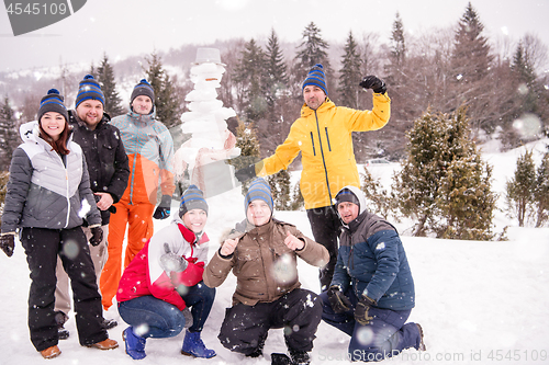 Image of group portait of young people posing with snowman