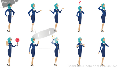 Image of Young muslim stewardess vector illustrations set.