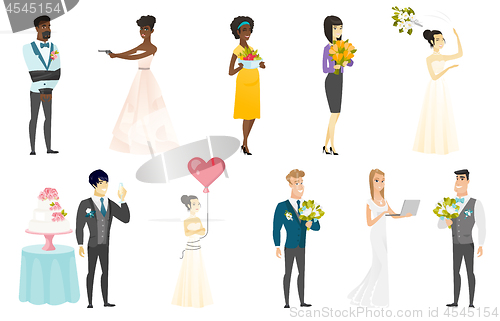 Image of Bride and groom vector illustrations set.