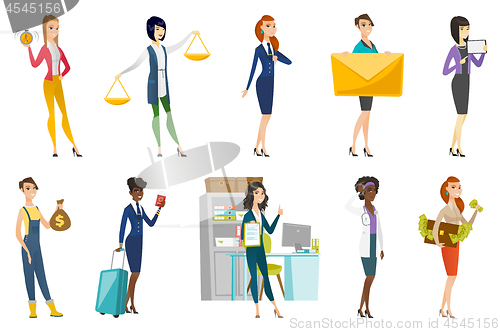 Image of Business woman, stewardess, doctor profession set.